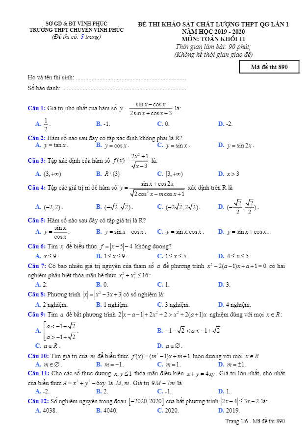 Đề khảo sát THPTQG lần 1 lớp 11 môn Toán năm 2019 2020 trường chuyên Vĩnh Phúc