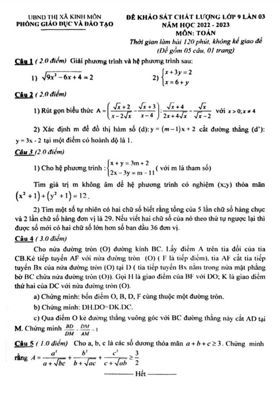 Đề khảo sát Toán 9 lần 3 năm 2022 2023 phòng GD ĐT Kinh Môn Hải Dương