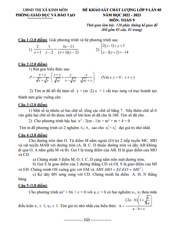 Đề khảo sát Toán 9 lần 5 năm 2022 2023 phòng GD ĐT Kinh Môn Hải Dương
