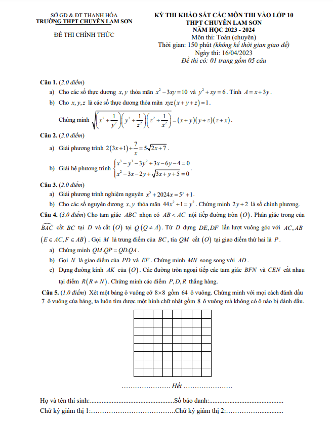 Đề khảo sát Toán (chuyên) vào 10 năm 2023 2024 trường chuyên Lam Sơn Thanh Hóa