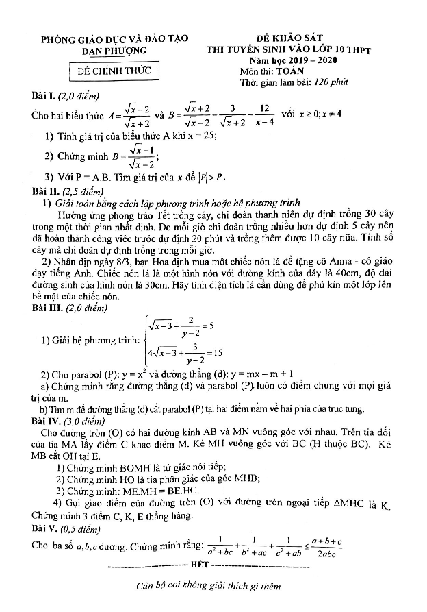 Đề khảo sát Toán thi vào 10 năm 2019 2020 phòng GD ĐT Đan Phượng Hà Nội