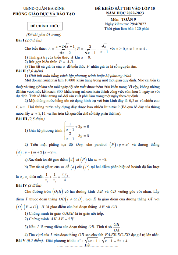Đề khảo sát Toán thi vào 10 năm 2022 2023 phòng GD ĐT Ba Đình Hà Nội