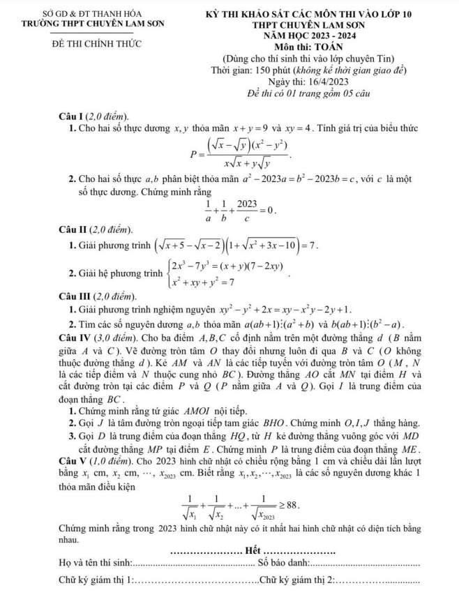 Đề khảo sát Toán (Tin) vào 10 năm 2023 2024 trường chuyên Lam Sơn Thanh Hóa