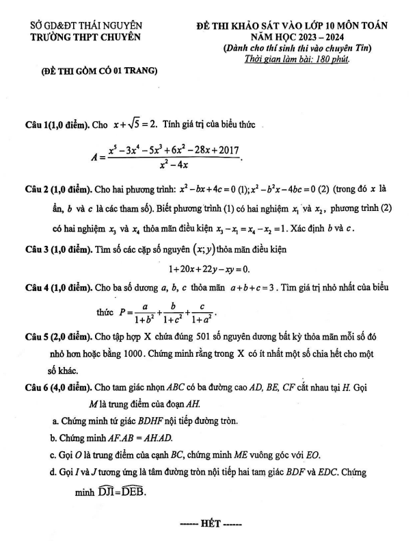 Đề khảo sát Toán (Tin) vào năm 2023 2024 trường THPT chuyên Thái Nguyên