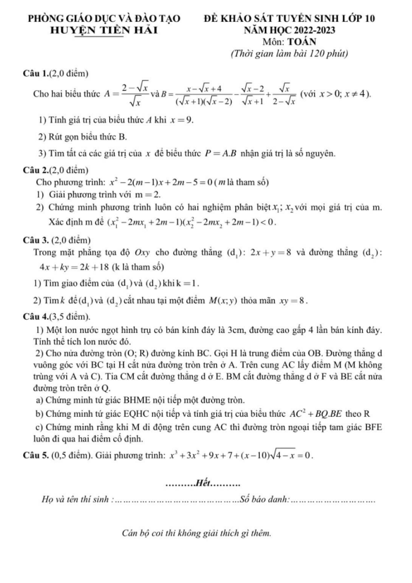 Đề khảo sát Toán tuyển sinh 10 năm 2022 2023 phòng GD ĐT Tiền Hải Thái Bình