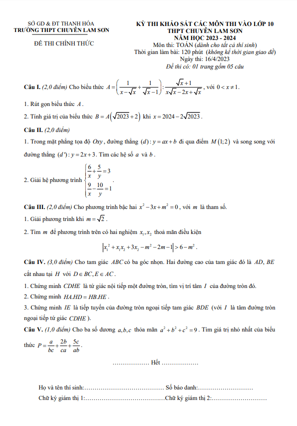 Đề khảo sát Toán vào 10 năm 2023 2024 trường chuyên Lam Sơn Thanh Hóa