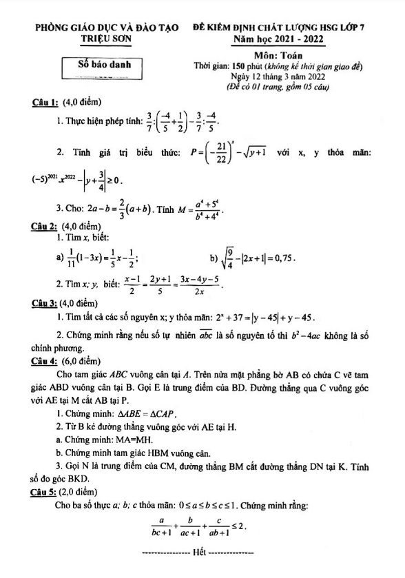 Đề kiểm định HSG lớp 7 môn Toán năm 2021 2022 phòng GD ĐT Triệu Sơn Thanh Hóa
