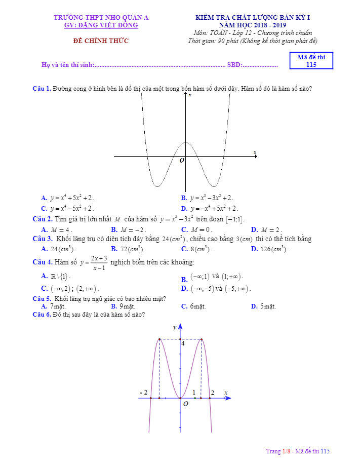 Đề kiểm tra chất lượng bán học kì 1 (HK1) lớp 12 môn Toán năm 2018 2019 trường THPT Nho Quan A Ninh Bình