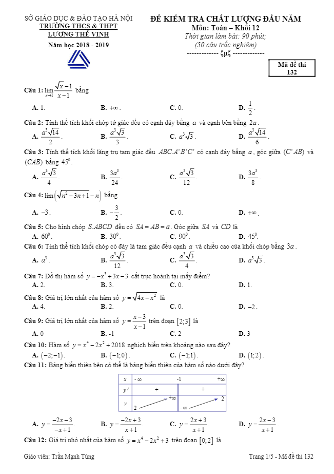 Đề kiểm tra chất lượng đầu năm 2018 2019 lớp 12 môn Toán trường Lương Thế Vinh Hà Nội