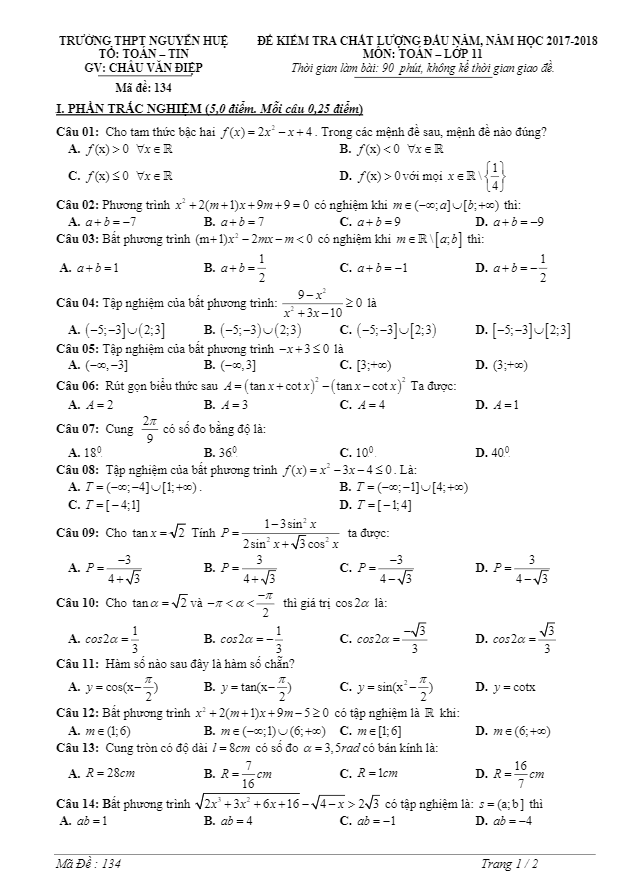 Đề kiểm tra chất lượng đầu năm học 2017 2018 lớp 11 môn Toán trường THPT Nguyễn Huệ Ninh Bình