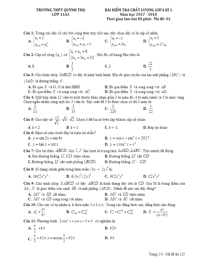 Đề kiểm tra chất lượng giữa học kì 1 (HK1) lớp 11 môn Toán năm 2017 2018 trường Quỳnh Thọ Thái Bình