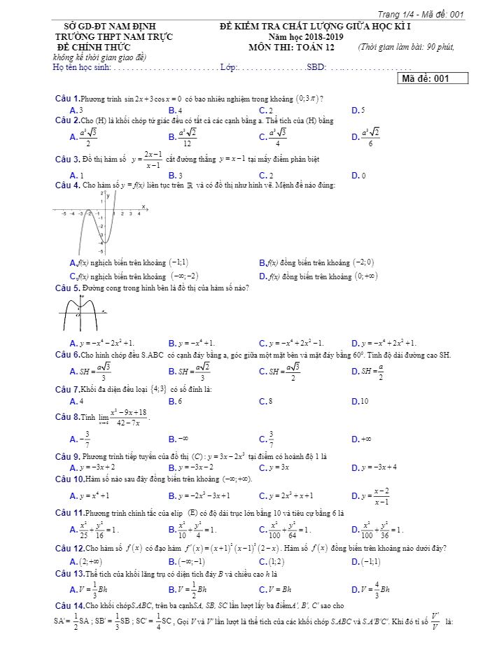 Đề kiểm tra chất lượng giữa học kì 1 (HK1) lớp 12 môn Toán năm 2018 2019 trường Nam Trực Nam Định