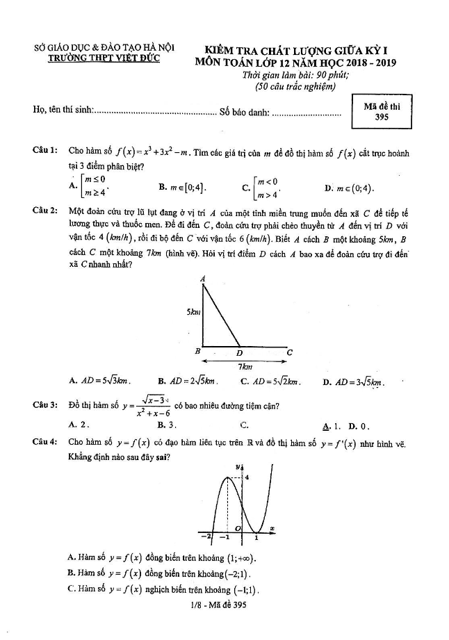 Đề kiểm tra chất lượng giữa học kì 1 (HK1) lớp 12 môn Toán năm 2018 2019 trường Việt Đức Hà Nội