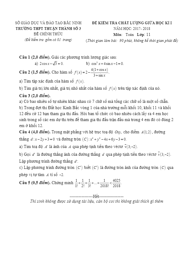 Đề kiểm tra chất lượng giữa học kì 1 (HK1) năm 2017 2018 lớp 11 môn Toán trường Thuận Thành 3 Bắc Ninh