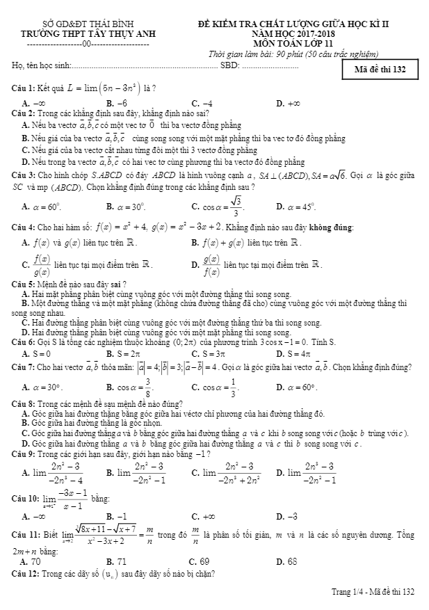 Đề kiểm tra chất lượng giữa học kì 2 (HK2) lớp 11 môn Toán trường Tây Thụy Anh Thái Bình