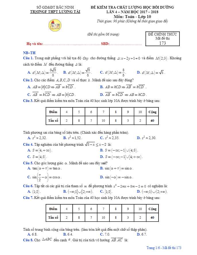 Đề kiểm tra chất lượng học bồi dưỡng lớp 10 môn Toán trường THPT Lương Tài Bắc Ninh