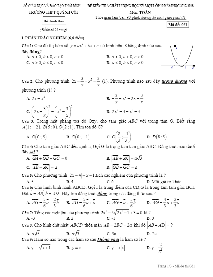 Đề kiểm tra chất lượng học kì 1 (HK1) lớp 10 môn Toán năm học 2017 2018 trường THPT Quỳnh Côi Thái Bình