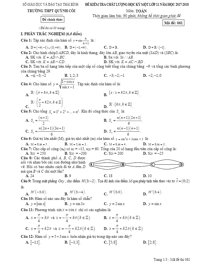 Đề kiểm tra chất lượng học kì 1 (HK1) lớp 11 môn Toán năm học 2017 2018 trường THPT Quỳnh Côi Thái Bình