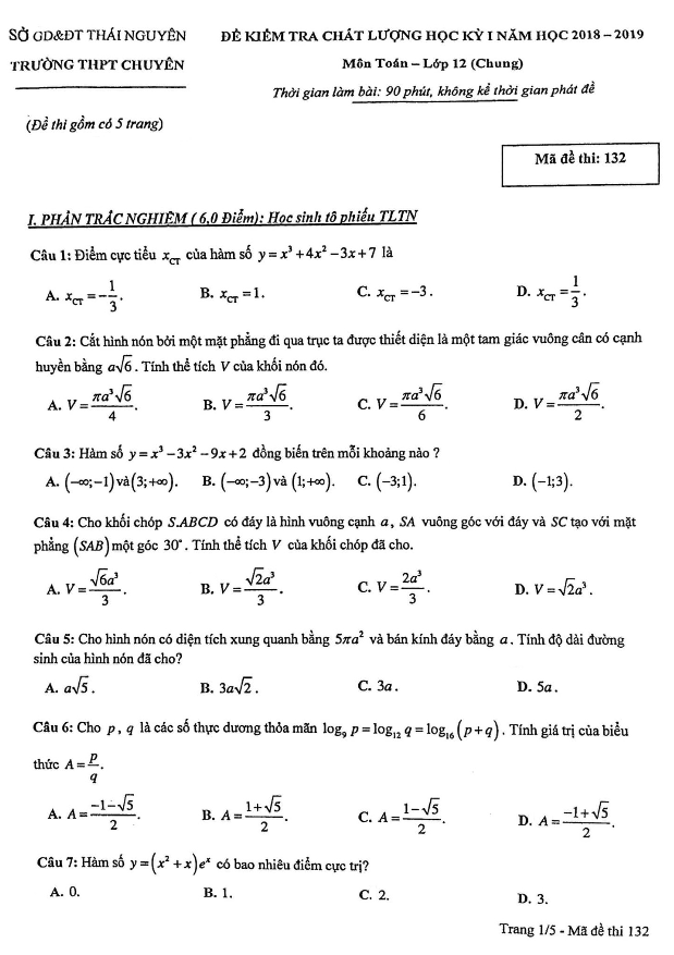 Đề kiểm tra chất lượng học kì 1 (HK1) lớp 12 môn Toán năm 2018 2019 trường chuyên Thái Nguyên