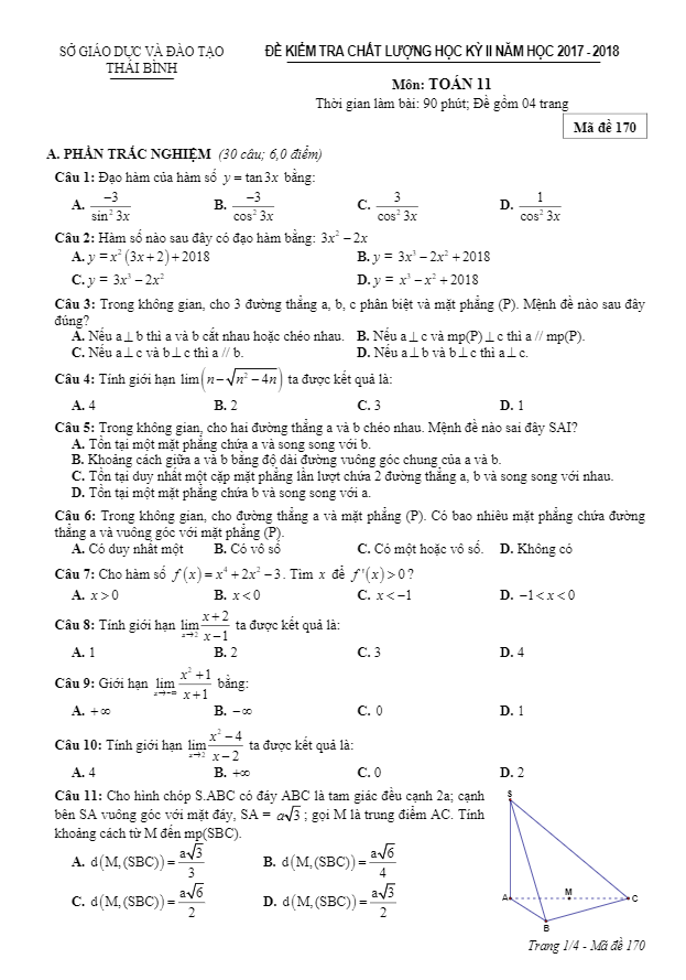 Đề kiểm tra chất lượng học kì 2 (HK2) lớp 11 môn Toán năm 2017 2018 sở GD và ĐT Thái Bình