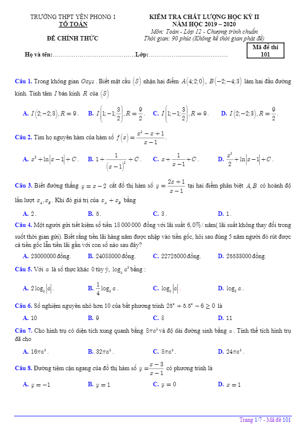 Đề kiểm tra chất lượng học kì 2 (HK2) lớp 12 môn Toán năm 2019 2020 trường Yên Phong 1 Bắc Ninh