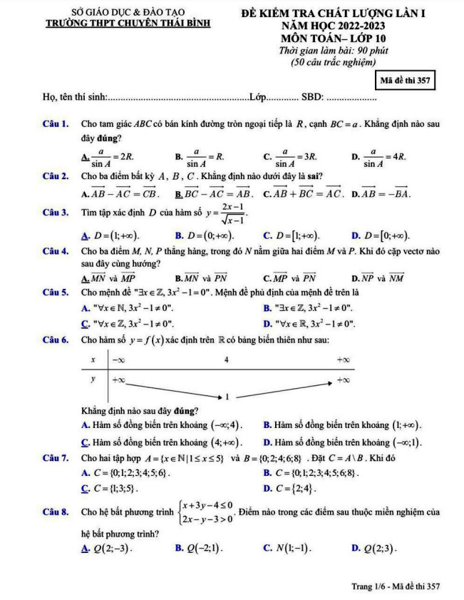 Đề kiểm tra chất lượng lần 1 lớp 10 môn Toán năm 2022 2023 trường THPT chuyên Thái Bình