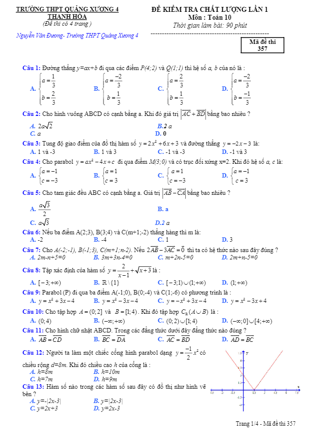 Đề kiểm tra chất lượng lần 1 lớp 10 môn Toán trường THPT Quảng Xương 4 Thanh Hóa