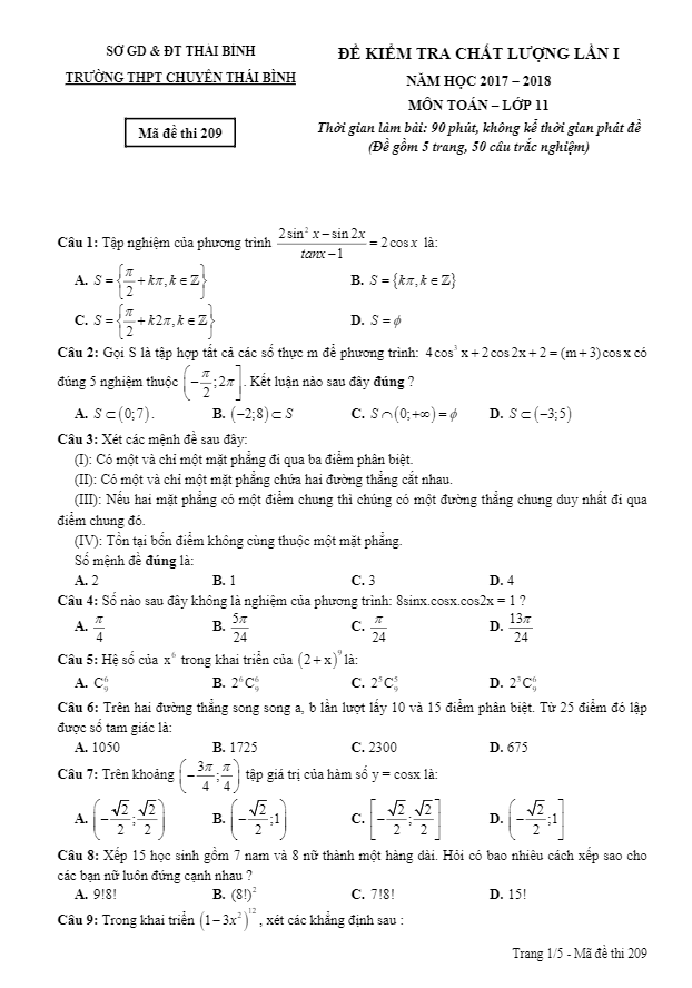 Đề kiểm tra chất lượng lần 1 năm học 2017 2018 lớp 11 môn Toán trường THPT chuyên Thái Bình