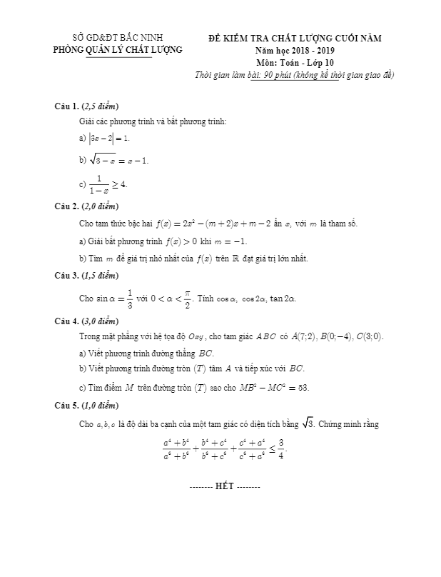 Đề kiểm tra chất lượng lớp 10 môn Toán năm 2018 2019 sở GD ĐT Bắc Ninh