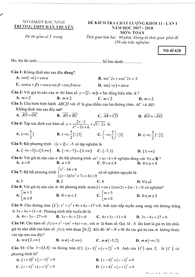 Đề kiểm tra chất lượng lớp 11 môn Toán lần 1 năm học 2017 2018 trường THPT Hàn Thuyên Bắc Ninh
