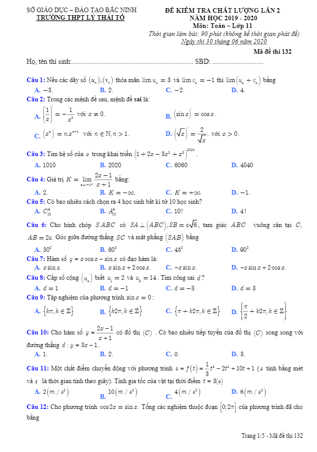 Đề kiểm tra chất lượng lớp 11 môn Toán lần 2 năm 2019 2020 trường THPT Lý Thái Tổ Bắc Ninh