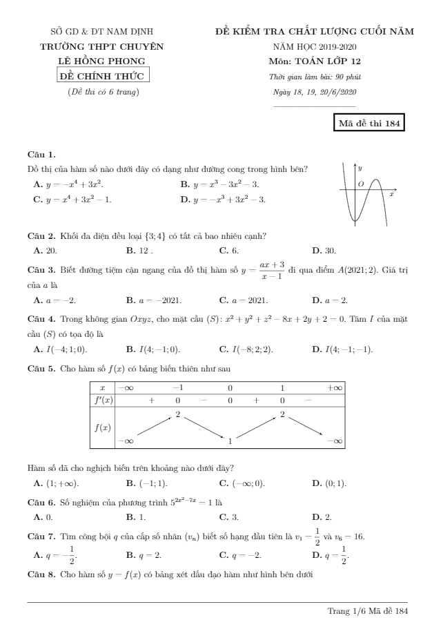 Đề kiểm tra chất lượng lớp 12 môn Toán cuối năm 2019 2020 trường chuyên Lê Hồng Phong Nam Định