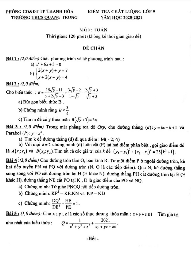 Đề kiểm tra chất lượng lớp 9 môn Toán năm 2020 2021 trường THCS Quang Trung Thanh Hóa