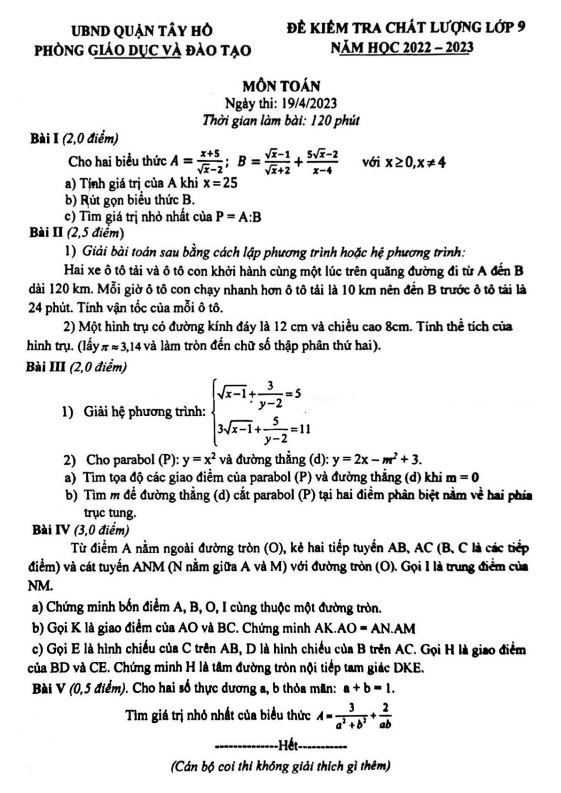 Đề kiểm tra chất lượng lớp 9 môn Toán năm 2022 2023 phòng GD ĐT Tây Hồ Hà Nội