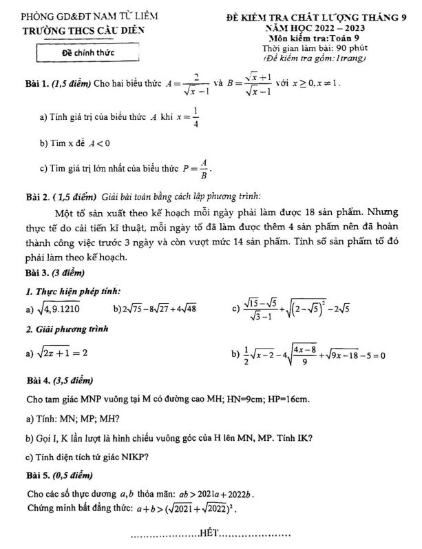 Đề kiểm tra chất lượng lớp 9 môn Toán tháng 9 năm 2022 trường THCS Cầu Diễn Hà Nội