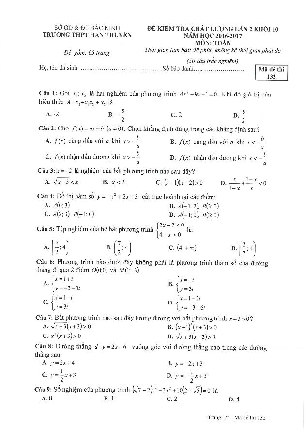 Đề kiểm tra chất lượng môn Toán trường THPT Hàn Thuyên Bắc Ninh lần 2