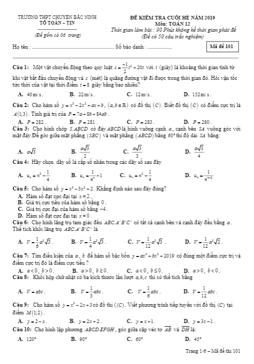 Đề kiểm tra cuối hè năm 2019 lớp 12 môn Toán trường THPT chuyên Bắc Ninh