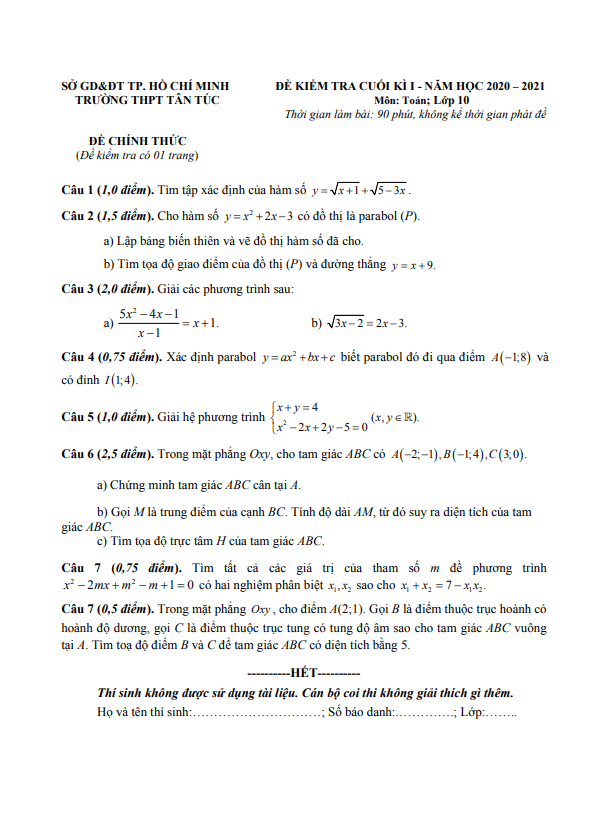 Đề kiểm tra cuối học kì 1 (HK1) lớp 10 môn Toán năm 2020 2021 trường THPT Tân Túc TP HCM