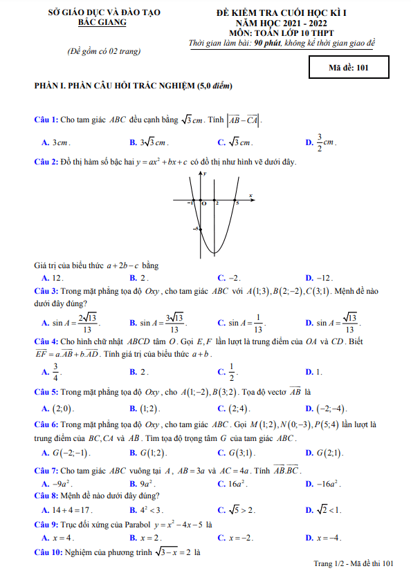 Đề kiểm tra cuối học kì 1 (HK1) lớp 10 môn Toán năm 2021 2022 sở GD ĐT Bắc Giang