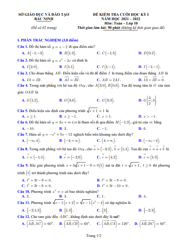 Đề kiểm tra cuối học kì 1 (HK1) lớp 10 môn Toán năm 2021 2022 sở GD ĐT Bắc Ninh