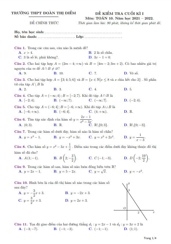 Đề kiểm tra cuối học kì 1 (HK1) lớp 10 môn Toán năm 2021 2022 trường THPT Đoàn Thị Điểm Hà Nội
