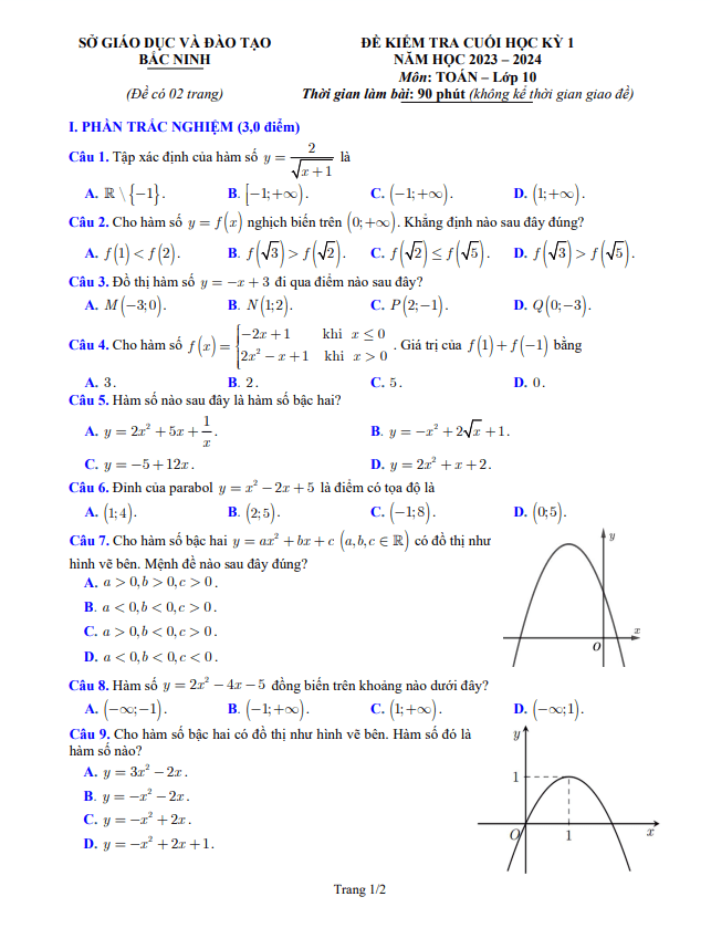 Đề kiểm tra cuối học kì 1 (HK1) lớp 10 môn Toán năm 2023 2024 sở GD ĐT Bắc Ninh