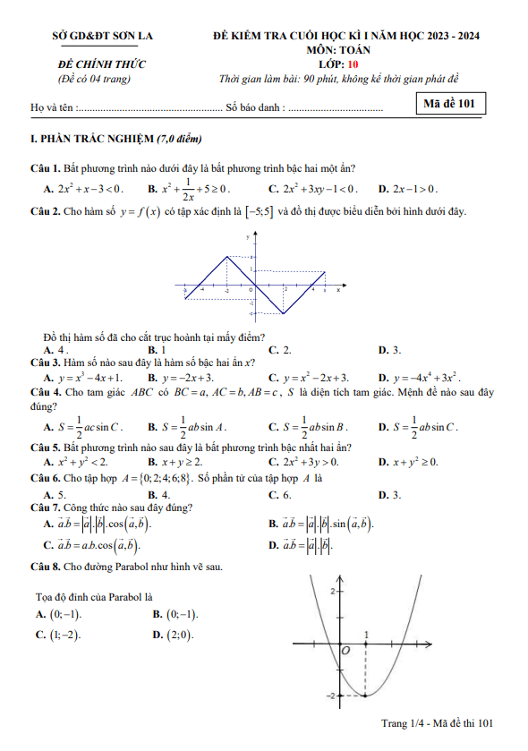 Đề kiểm tra cuối học kì 1 (HK1) lớp 10 môn Toán năm 2023 2024 sở GD ĐT Sơn La