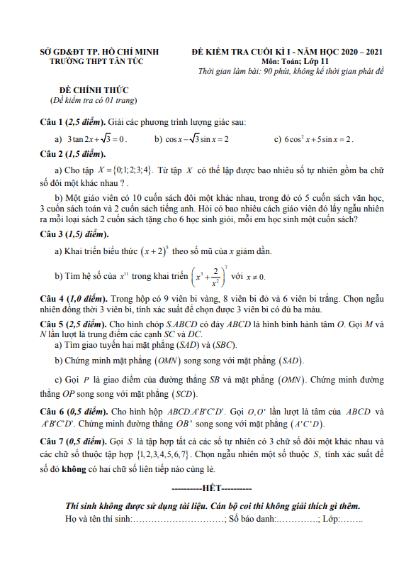 Đề kiểm tra cuối học kì 1 (HK1) lớp 11 môn Toán năm 2020 2021 trường THPT Tân Túc TP HCM