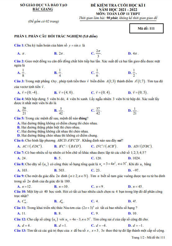 Đề kiểm tra cuối học kì 1 (HK1) lớp 11 môn Toán năm 2021 2022 sở GD ĐT Bắc Giang