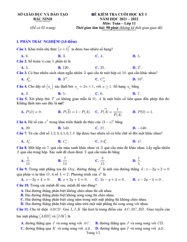 Đề kiểm tra cuối học kì 1 (HK1) lớp 11 môn Toán năm 2021 2022 sở GD ĐT Bắc Ninh