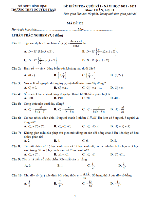 Đề kiểm tra cuối học kì 1 (HK1) lớp 11 môn Toán năm 2021 2022 trường THPT Nguyễn Trân Bình Định