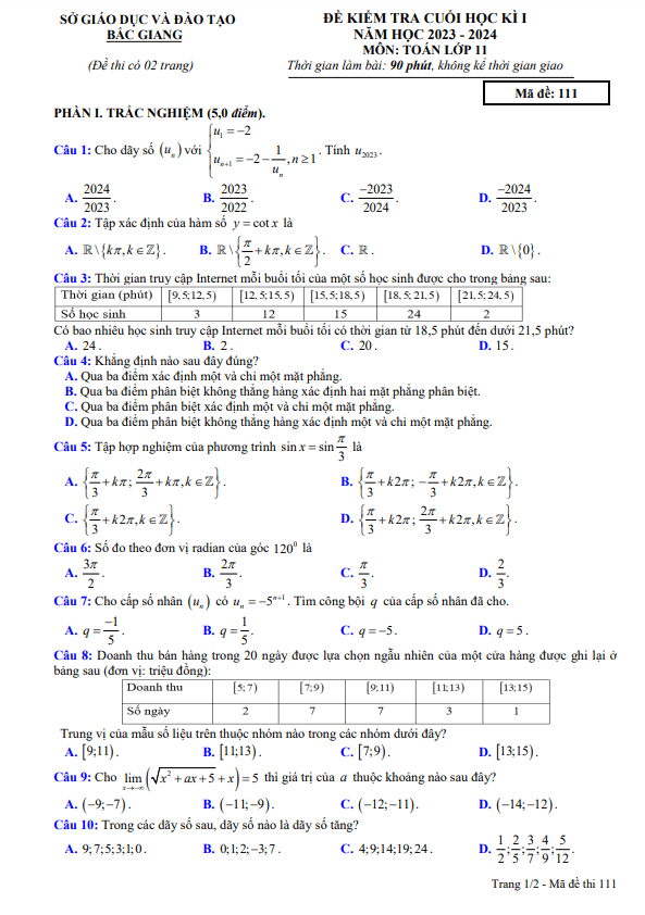 Đề kiểm tra cuối học kì 1 (HK1) lớp 11 môn Toán năm 2023 2024 sở GD ĐT Bắc Giang