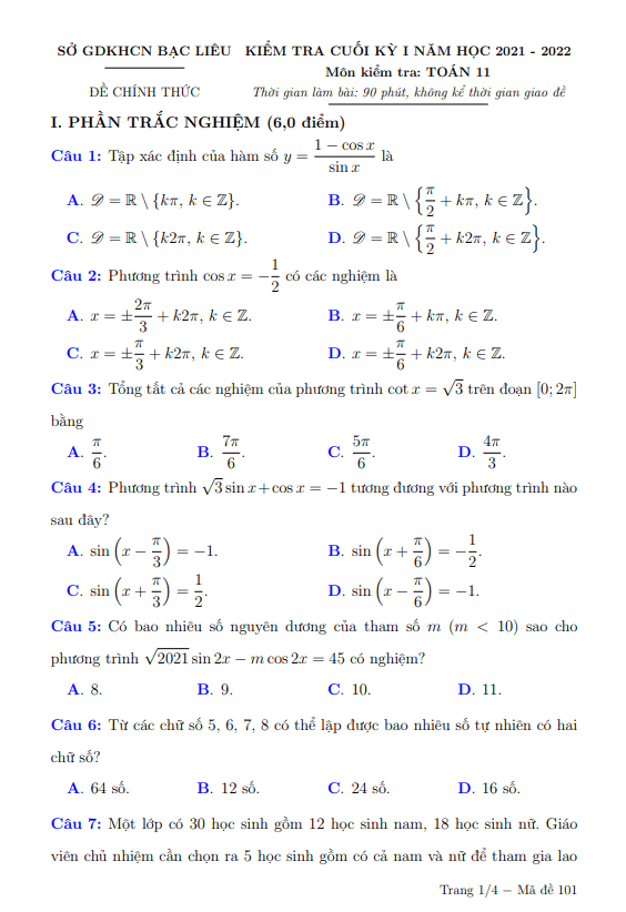 Đề kiểm tra cuối học kì 1 (HK1) lớp 11 môn Toán năm học 2021 2022 sở GDKHCN Bạc Liêu