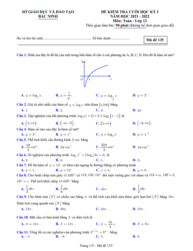 Đề kiểm tra cuối học kì 1 (HK1) lớp 12 môn Toán năm 2021 2022 sở GD ĐT Bắc Ninh